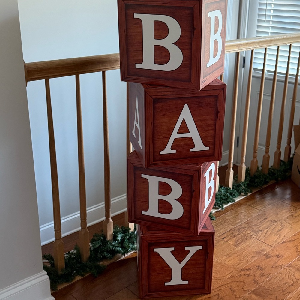 Baby Shower Boxes Party Decorations - 4 Wood Grain Brown Blocks with BABY Letter